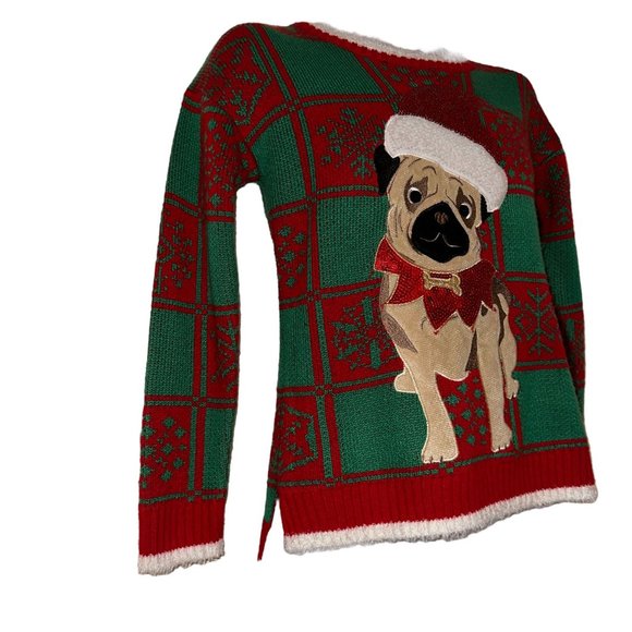 33 Degrees Mens Ugly Christmas Sweater XS Pug Santa Hat Holiday Puppy Dog Eyes - Picture 4 of 9